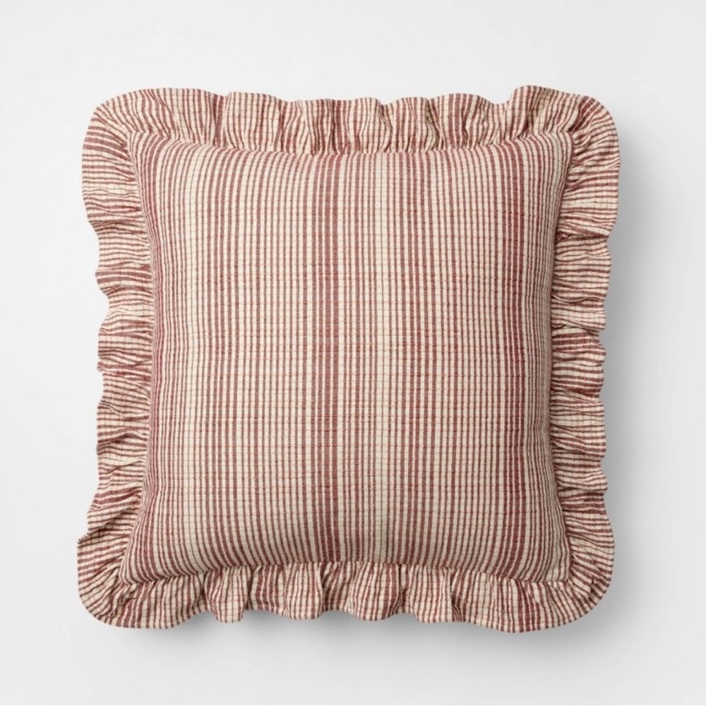 24"x24" Uneven Plaid with Ruffle Pillow Burgundy - Threshold with Studio McGee